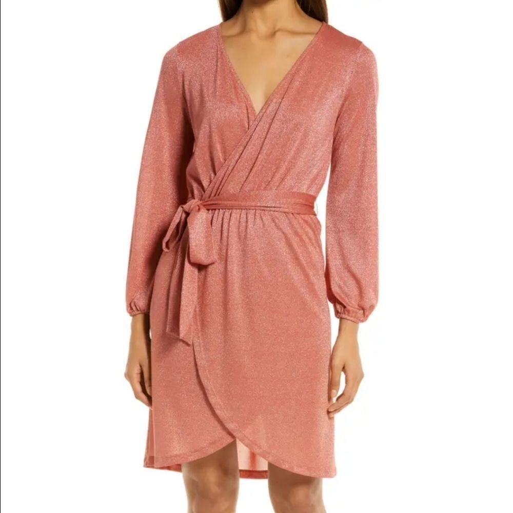 NEW HALOGEN sparkle wrap dress belted S